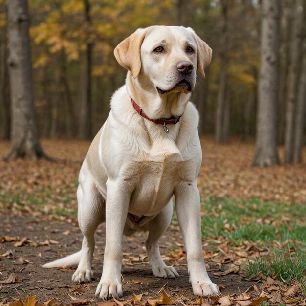 a dog is sitting in the woods with leaves on the ground