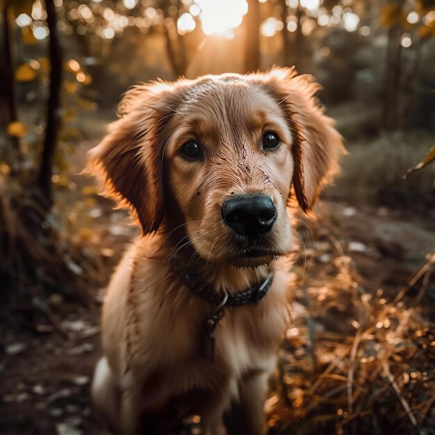 A dog is sitting in the woods with the sun shining on its face.