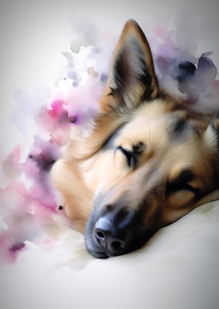 A dog is sleeping on a bed with a pink background.