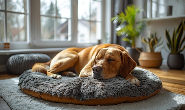 A dog is sleeping on a bed