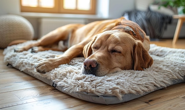 A dog is sleeping on a bed