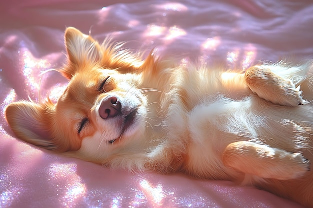 a dog is sleeping on a blanket with the sun shining on it