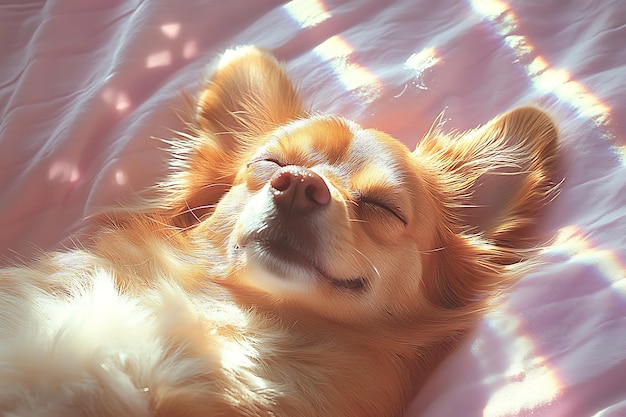 a dog is sleeping on a blanket with the sun shining on it