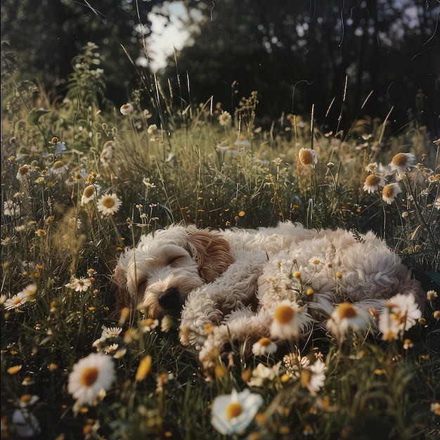 a dog is sleeping in a field of daisies