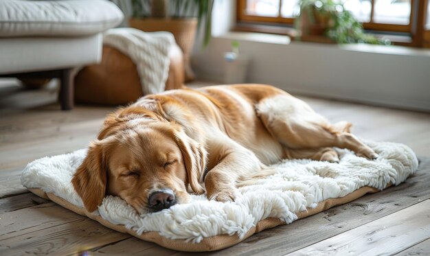 A dog is sleeping on a white dog bed