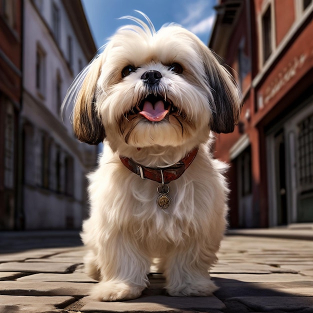 Photo a dog is standing on a cobblestone street