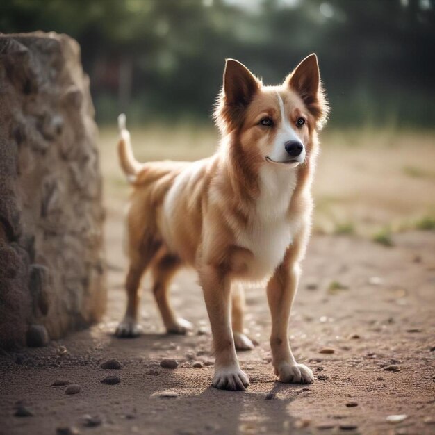 a dog is standing in the dirt near a rock