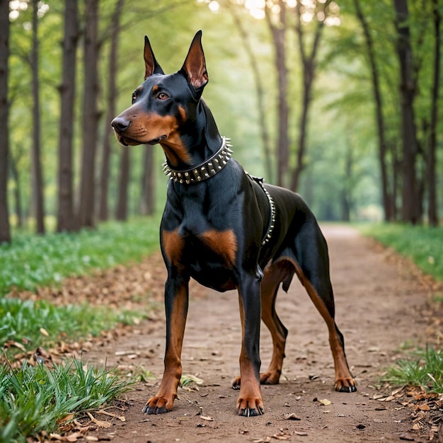 a dog is standing on a dirt path in a forest