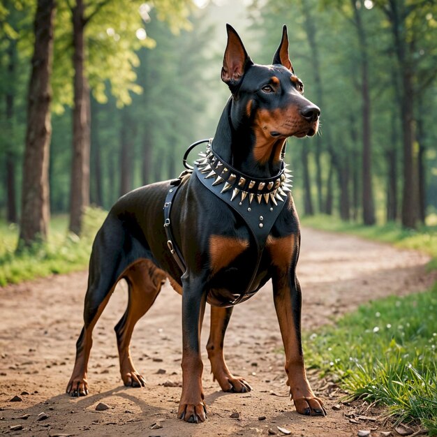 a dog is standing on a dirt path in the woods