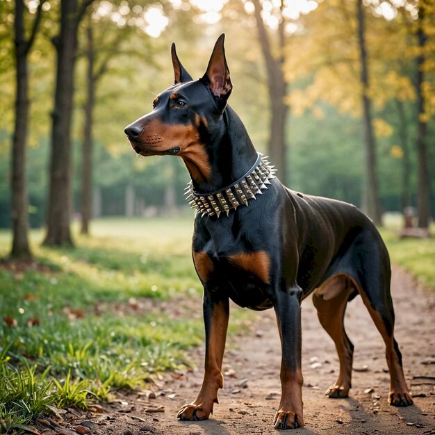 a dog is standing on a dirt path in the woods