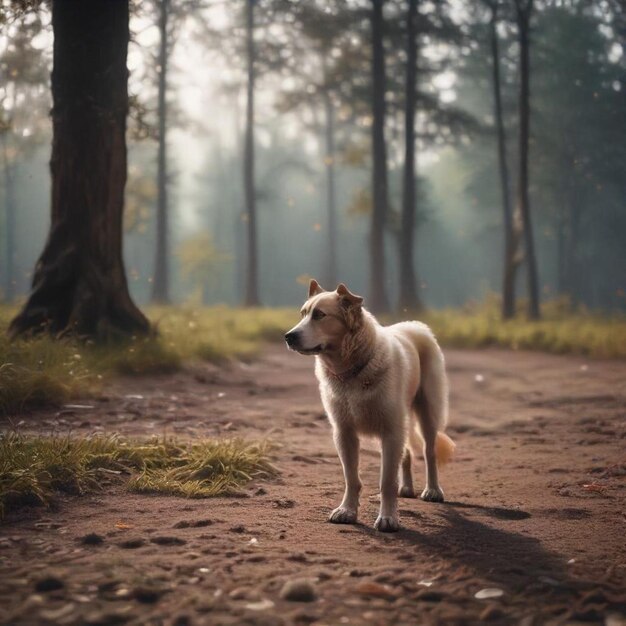 a dog is standing on a dirt road in the woods