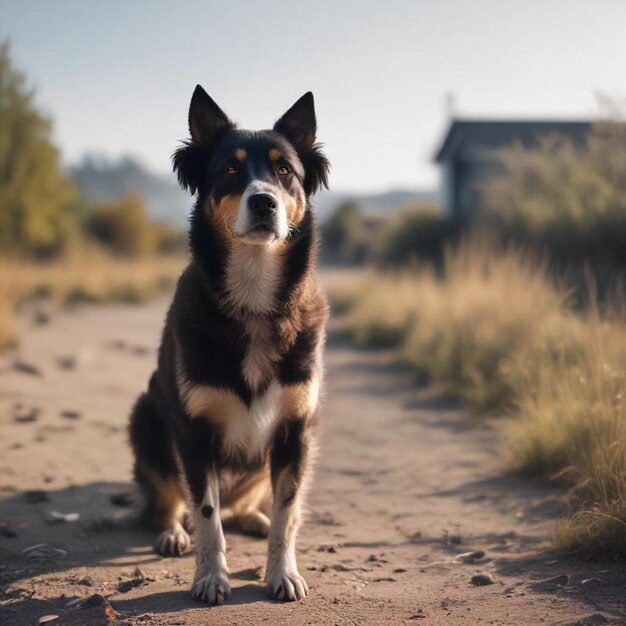 a dog is standing in the dirt with a house in the background