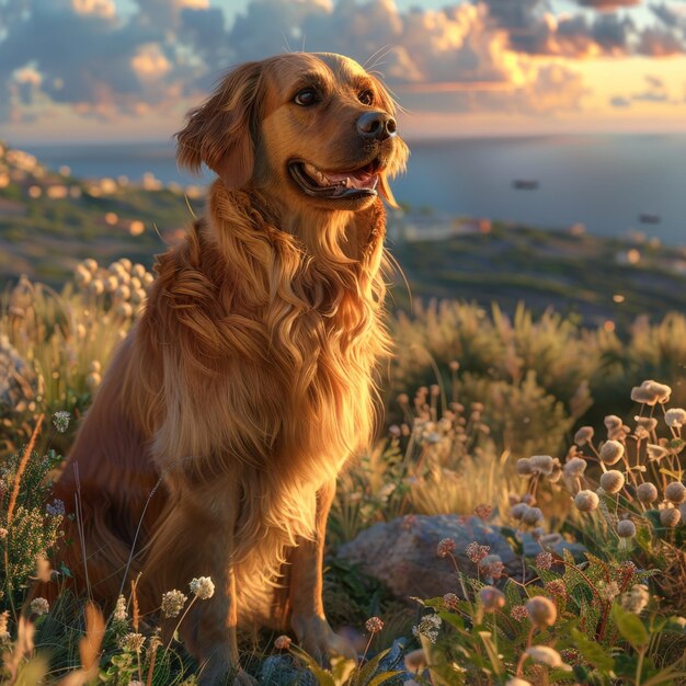 Photo a dog is standing in a field with flowers and a sunset in the background