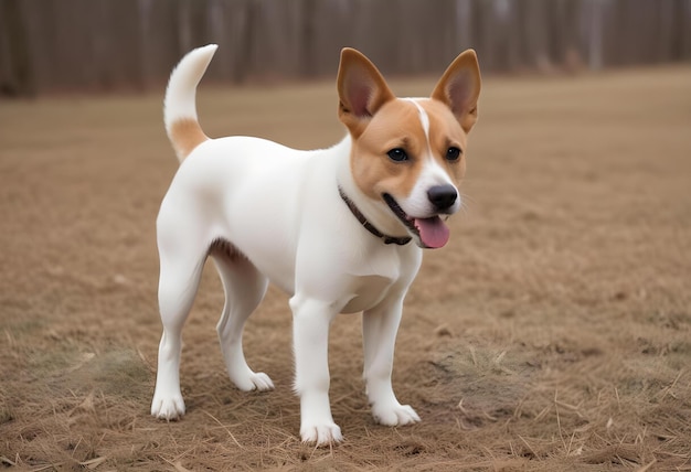 a dog is standing in a field with a forest in the background