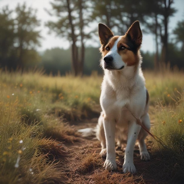 a dog is standing in a field with a stick in his mouth