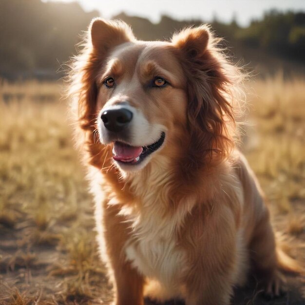 a dog is standing in a field with the sun shining on his face