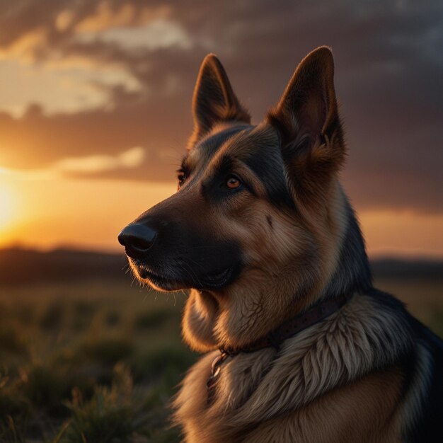 Photo a dog is standing in a field with the sunset in the background