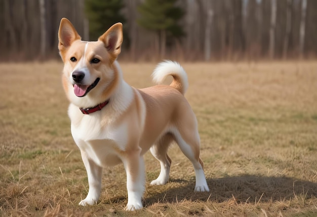 a dog is standing in a field with a tag that says dog