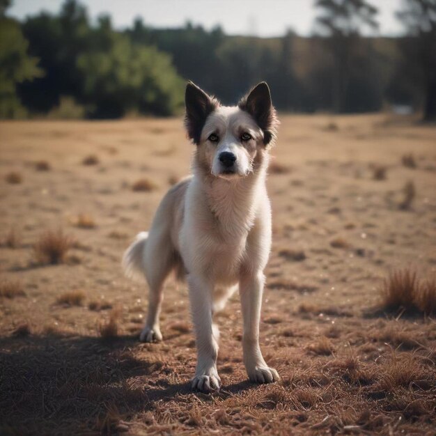 a dog is standing in a field with the word dog on it