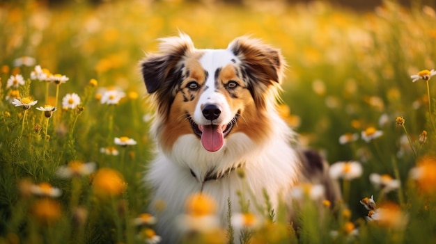 A dog is standing in a field of yellow flowers