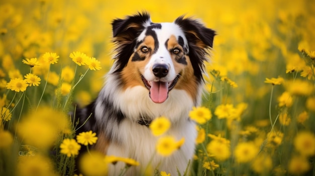 A dog is standing in a field of yellow flowers