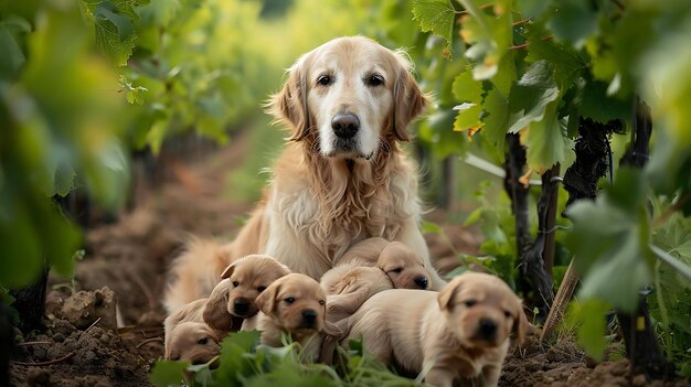 Photo a dog is standing in front of a bunch of puppies