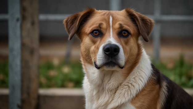 a dog is standing in front of a fence and has a white patch on its face