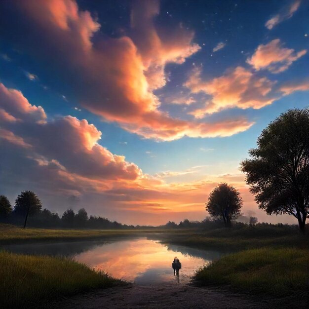 Photo a dog is standing in front of a lake and the sky is a sunset