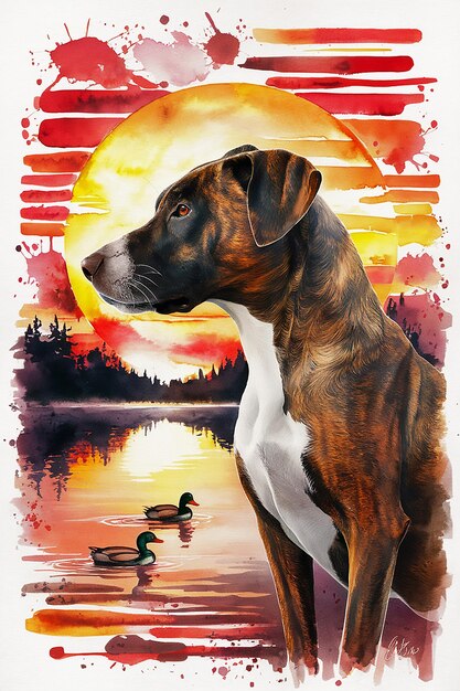 Photo a dog is standing in front of a lake with ducks swimming in the water