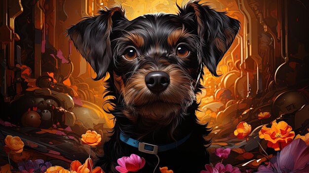 Photo a dog is standing in front of a painting of flowers