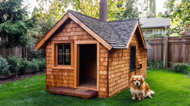 Photo a dog is standing in front of a small dog house