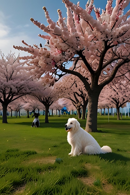 a dog is standing in the grass under a cherry blossom tree