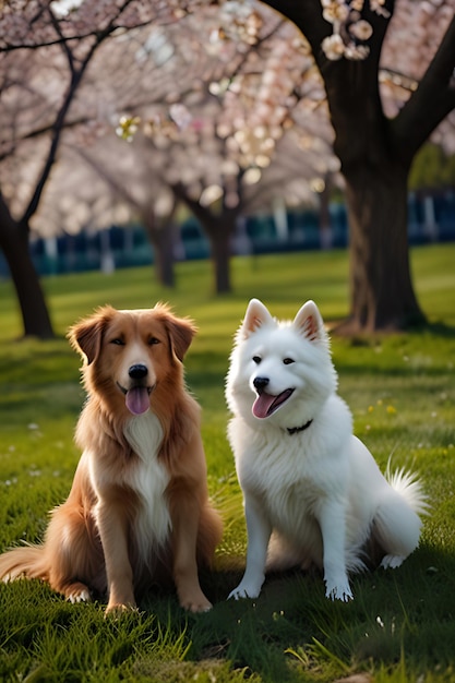 a dog is standing in the grass under a cherry blossom tree