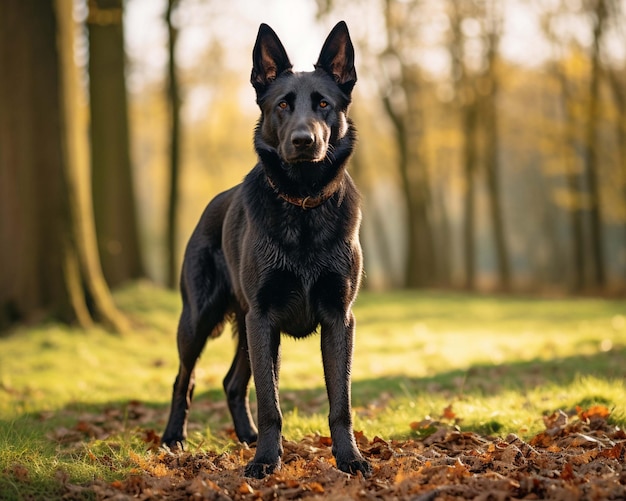 a dog is standing in the grass in the fall.