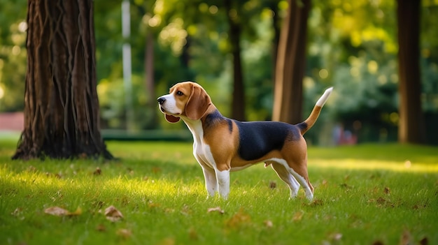 a dog is standing on the grass in the park.