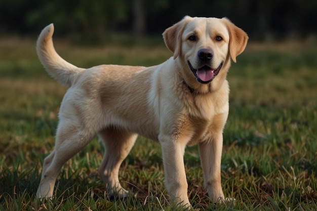 a dog is standing in the grass with his tongue out