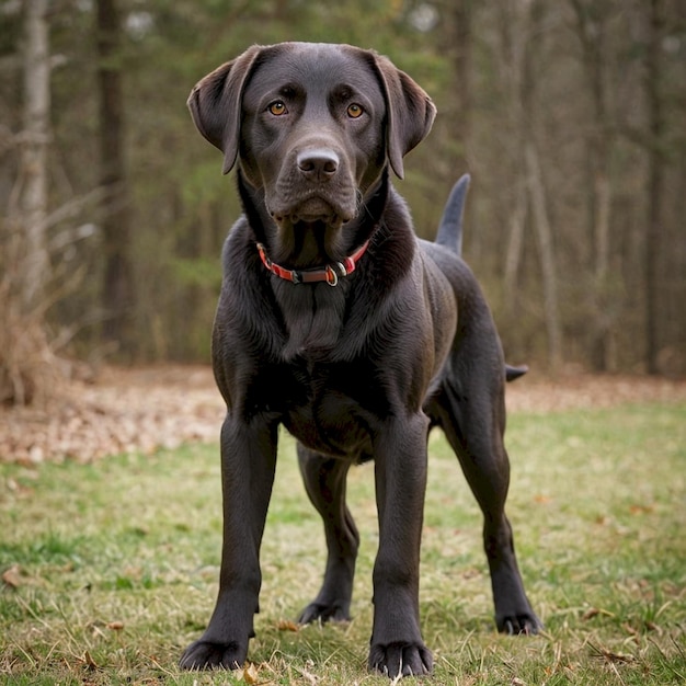 a dog is standing in the grass with a red collar