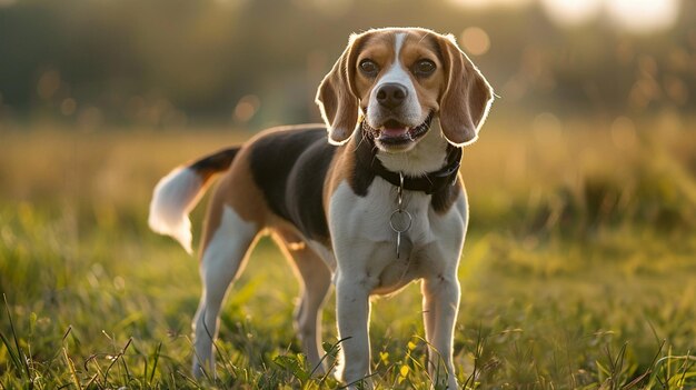 Photo a dog is standing in the grass with the sun shining on his face