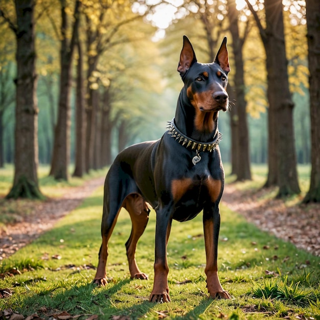 a dog is standing in the grass in the woods