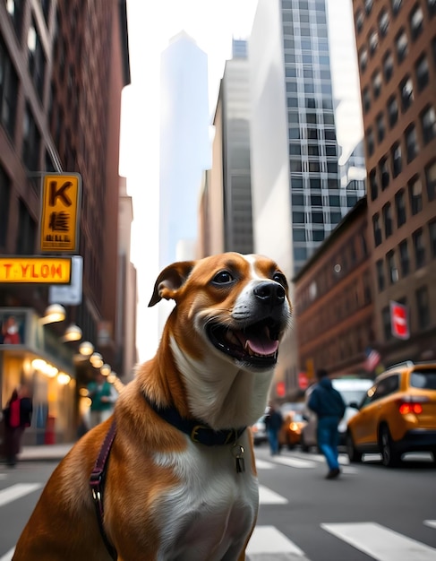 a dog is standing in the middle of the street with a sign that says k k