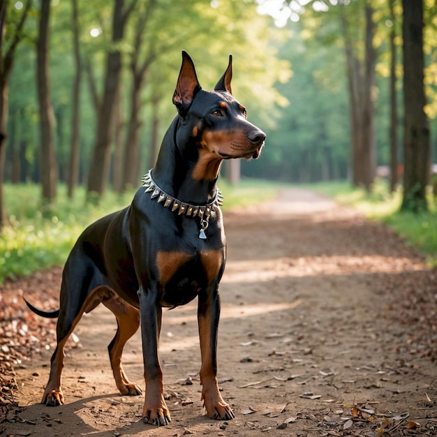 a dog is standing on a path in the woods