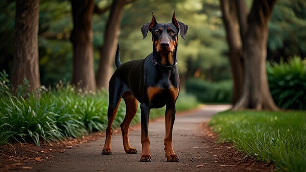 Photo a dog is standing on a path in the woods