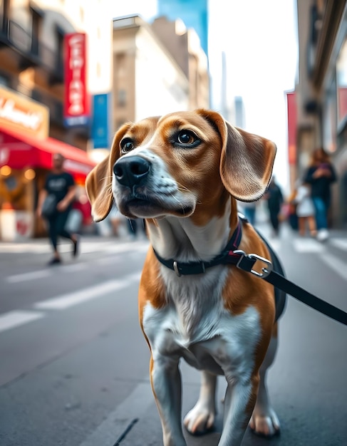 a dog is standing on the sidewalk in front of a store