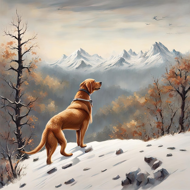 Photo a dog is standing in the snow with mountains in the background