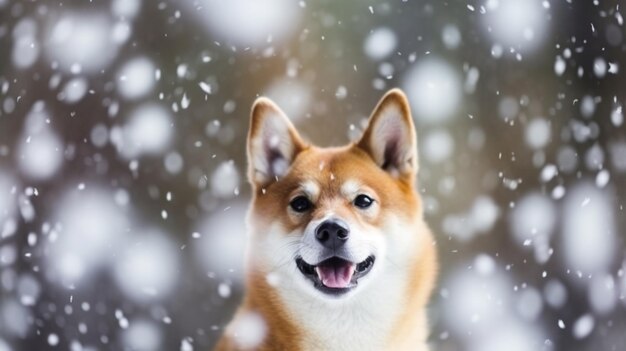 Photo a dog is standing in the snow with snow falling