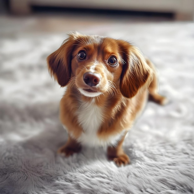 a dog is standing on a white carpet with a white patch on its face