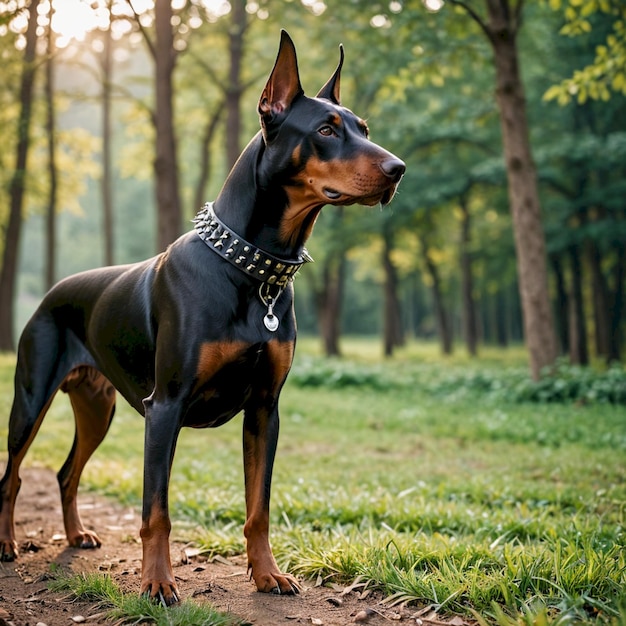 a dog is standing in the woods with a collar that says  the dog is wearing a collar