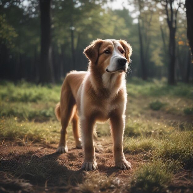 a dog is standing in the woods with a dog on the ground