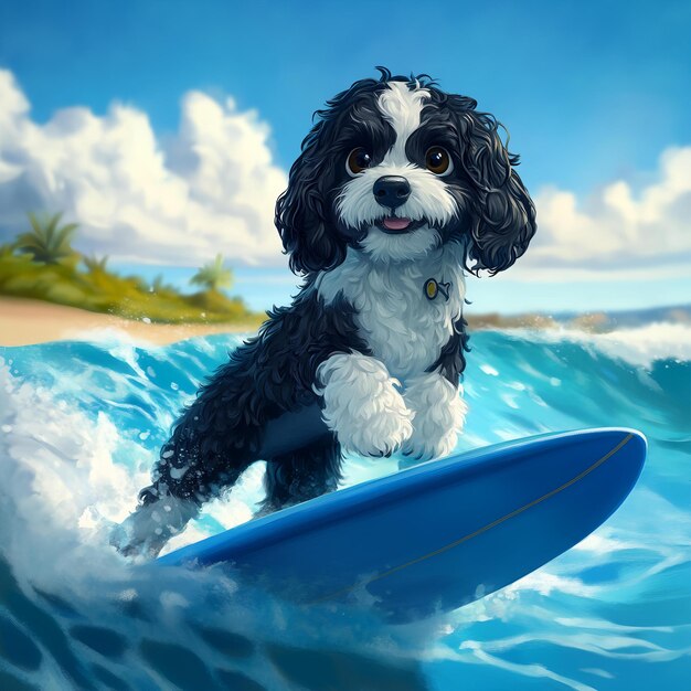 Photo a dog is surfing in the ocean with a blue surfboard