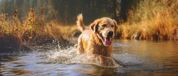 A dog is swimming in a pond with the word golden on it.